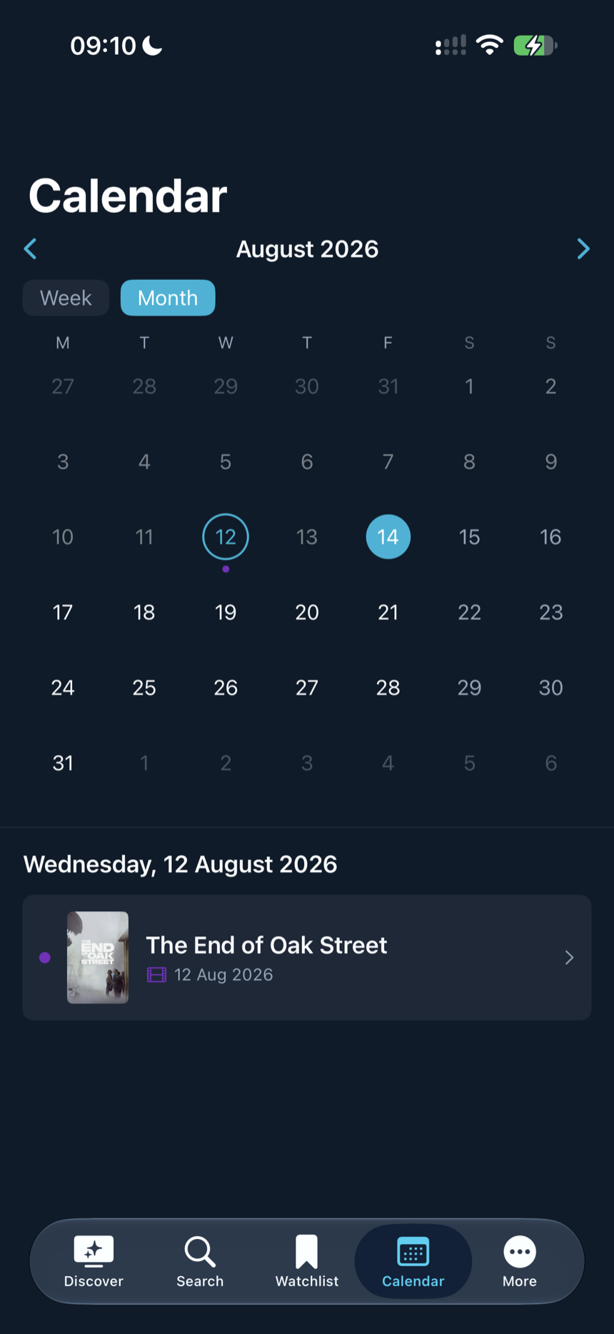 The episode calendar on iPhone in month view, with a release marked on 12 August and that day's titles listed underneath.