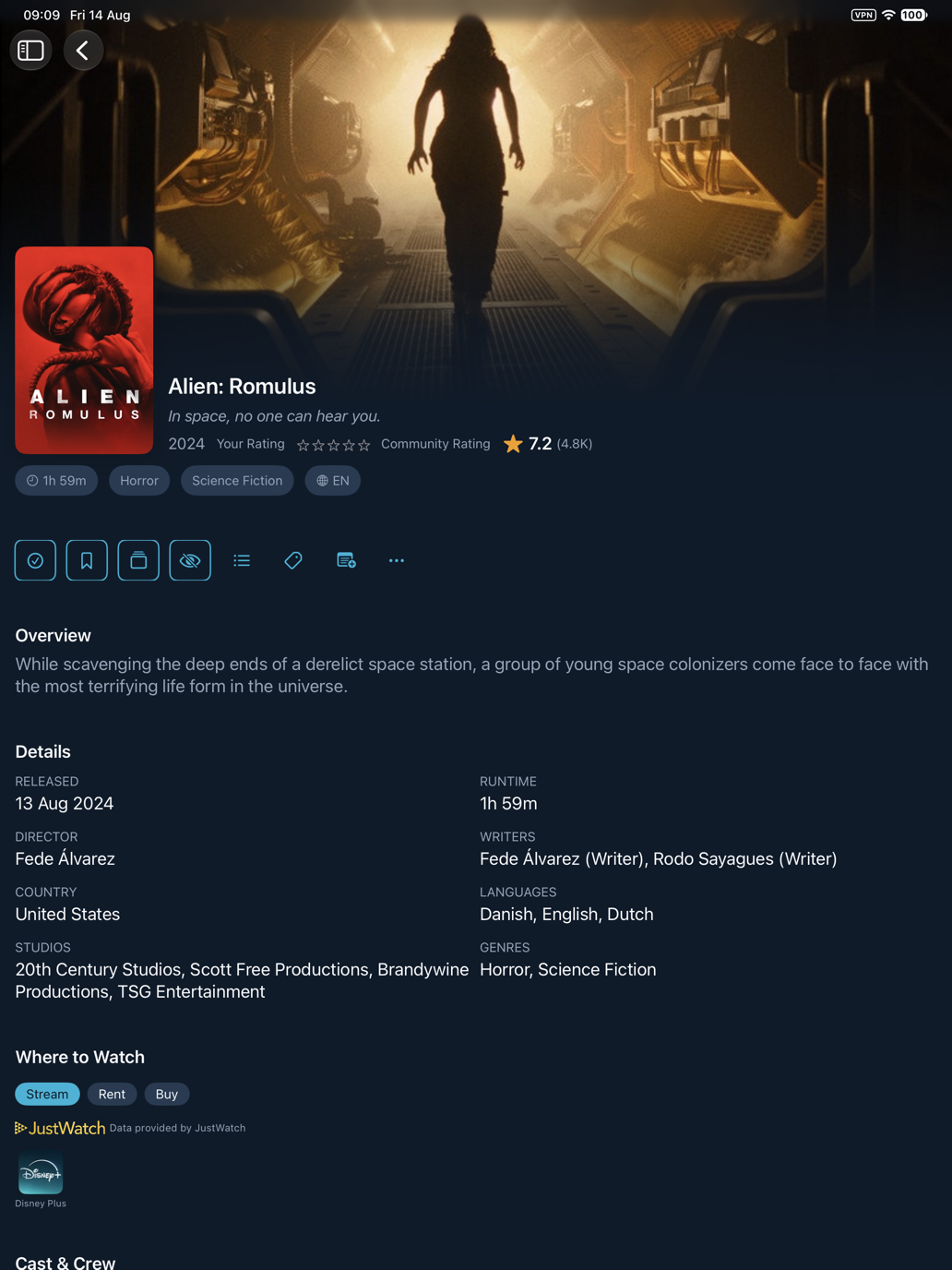 Alien: Romulus open on iPad, showing the synopsis, full production details and a Where to Watch row of streaming providers supplied by JustWatch.