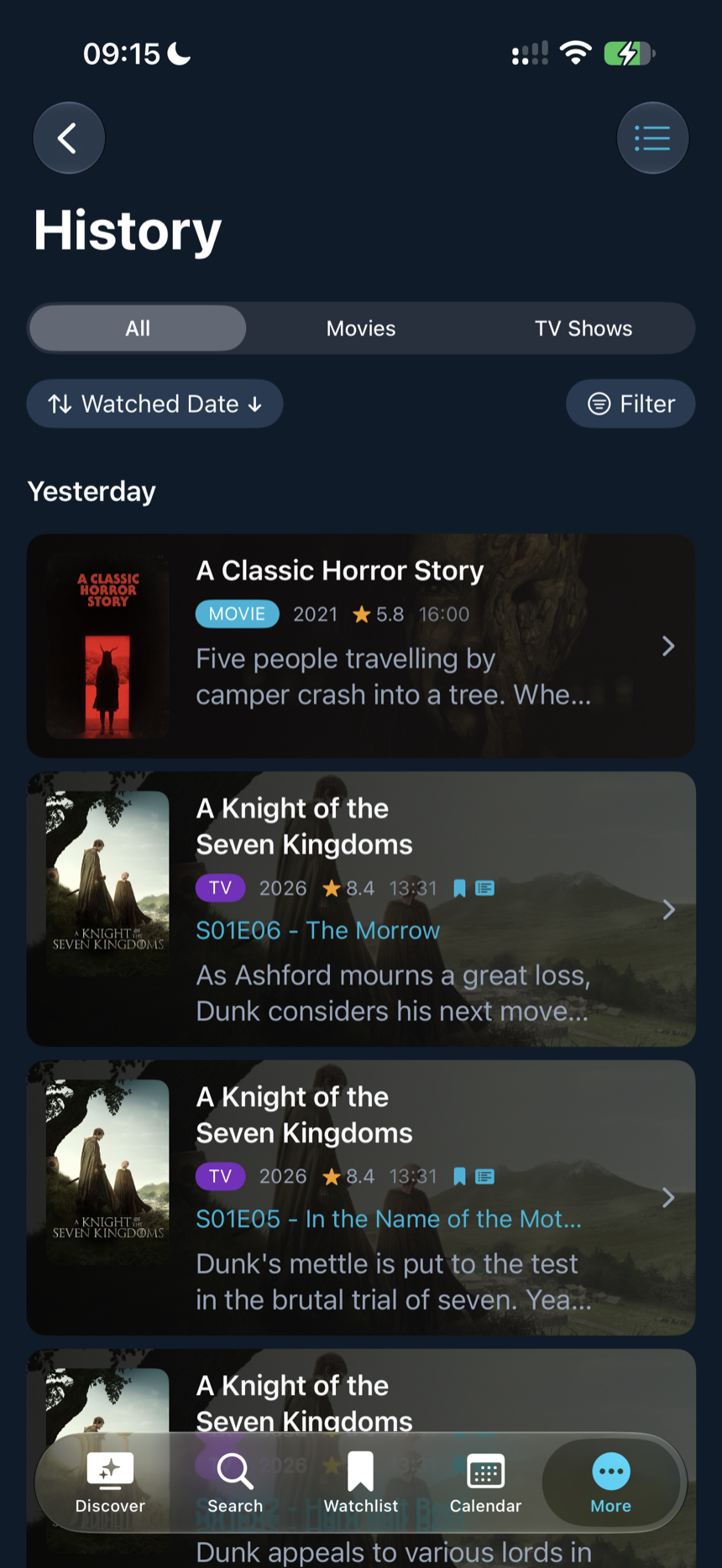The history view on iPhone, listing recently watched films and individual episodes with the time each one was watched.