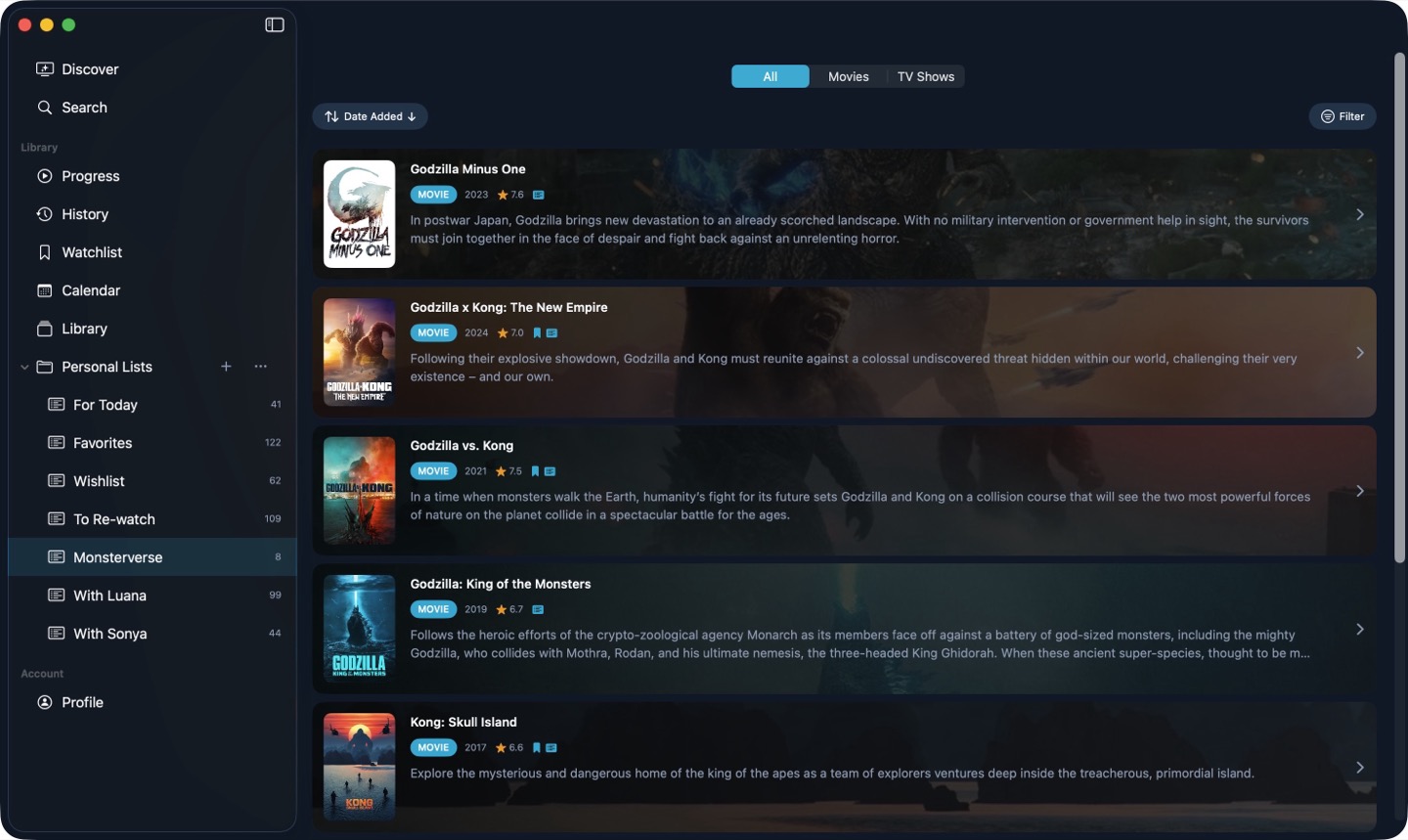 ScreenQue running natively on a Mac, with the sidebar showing personal lists and the Monsterverse list open beside it.