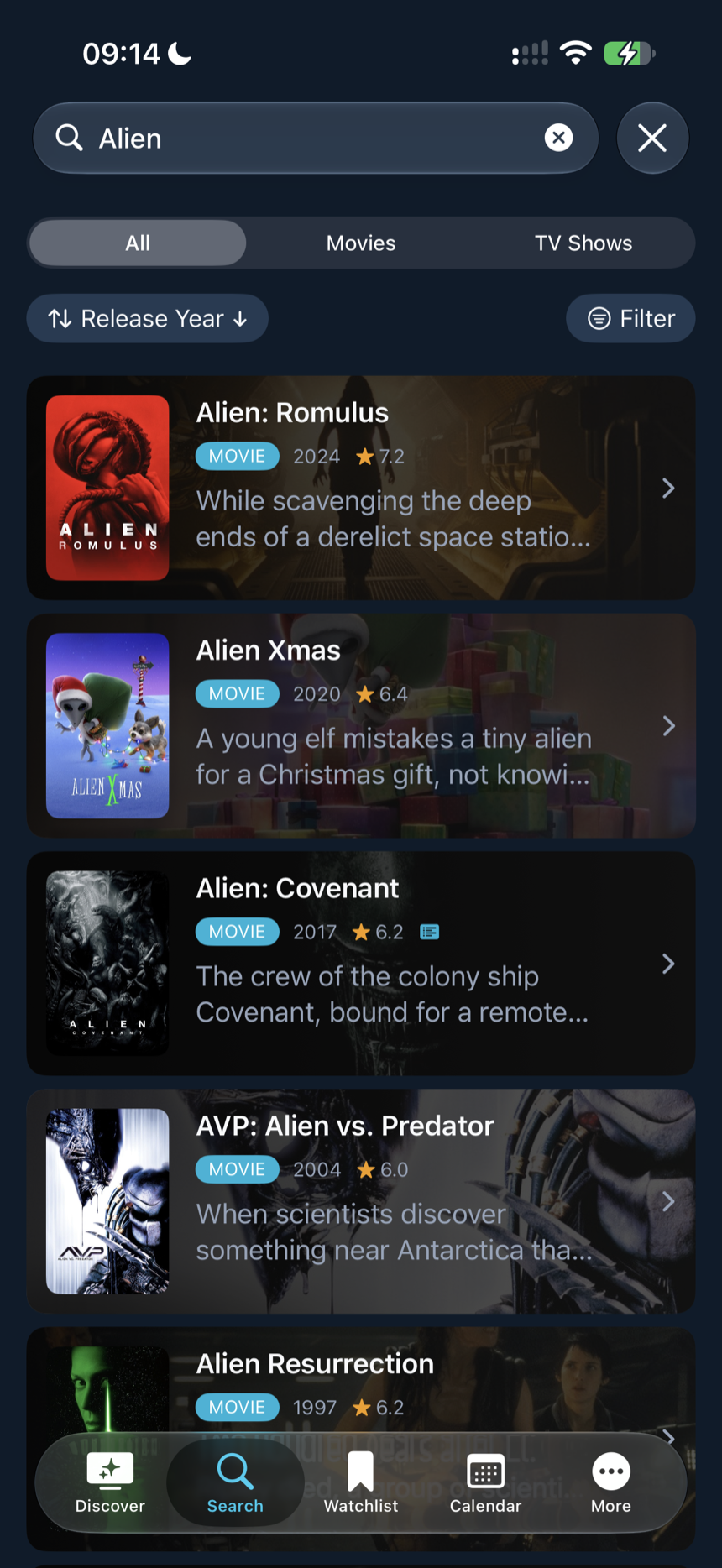 Searching for Alien on iPhone, with results sorted by release year, each showing its rating and a short synopsis.