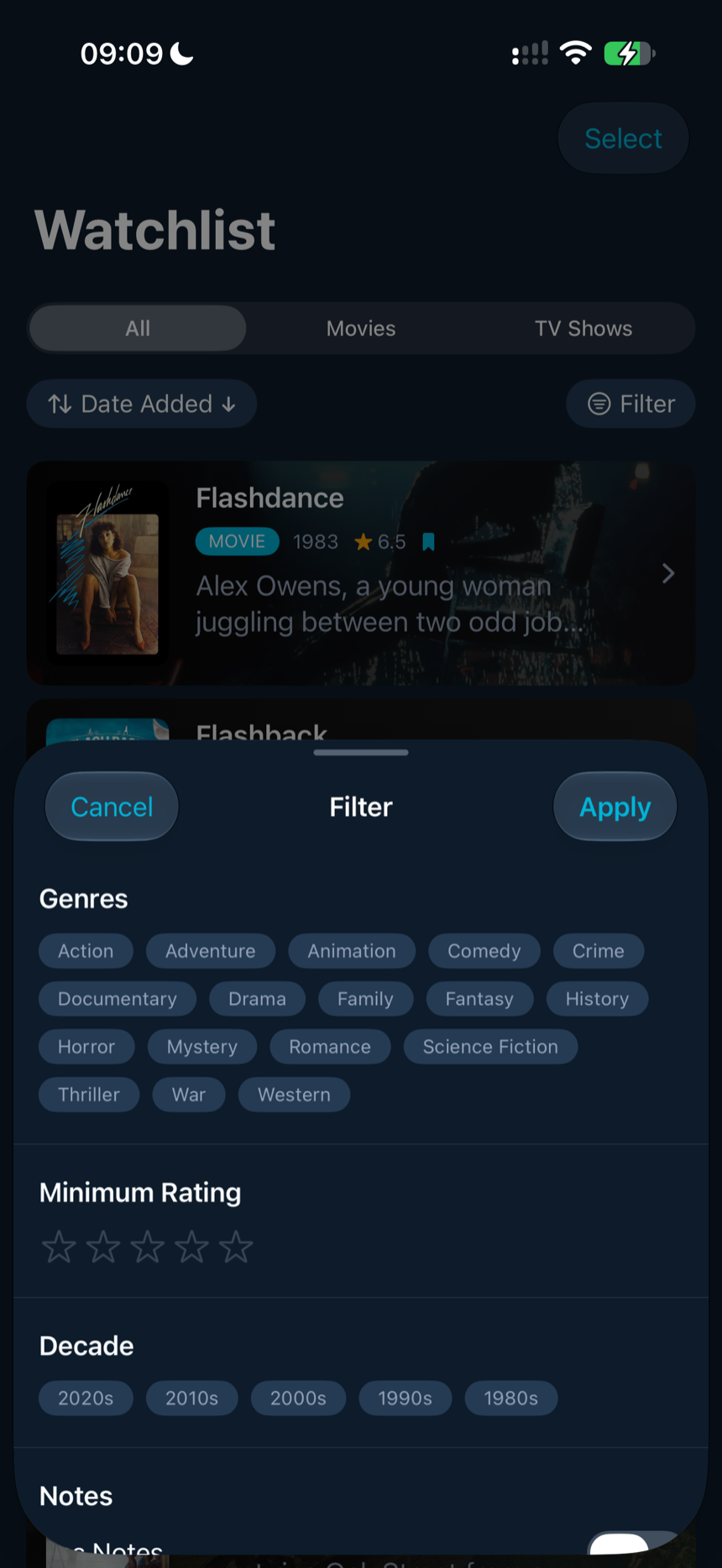 The watchlist on iPhone with the filter sheet open, offering filters for genre, minimum rating, decade and notes.